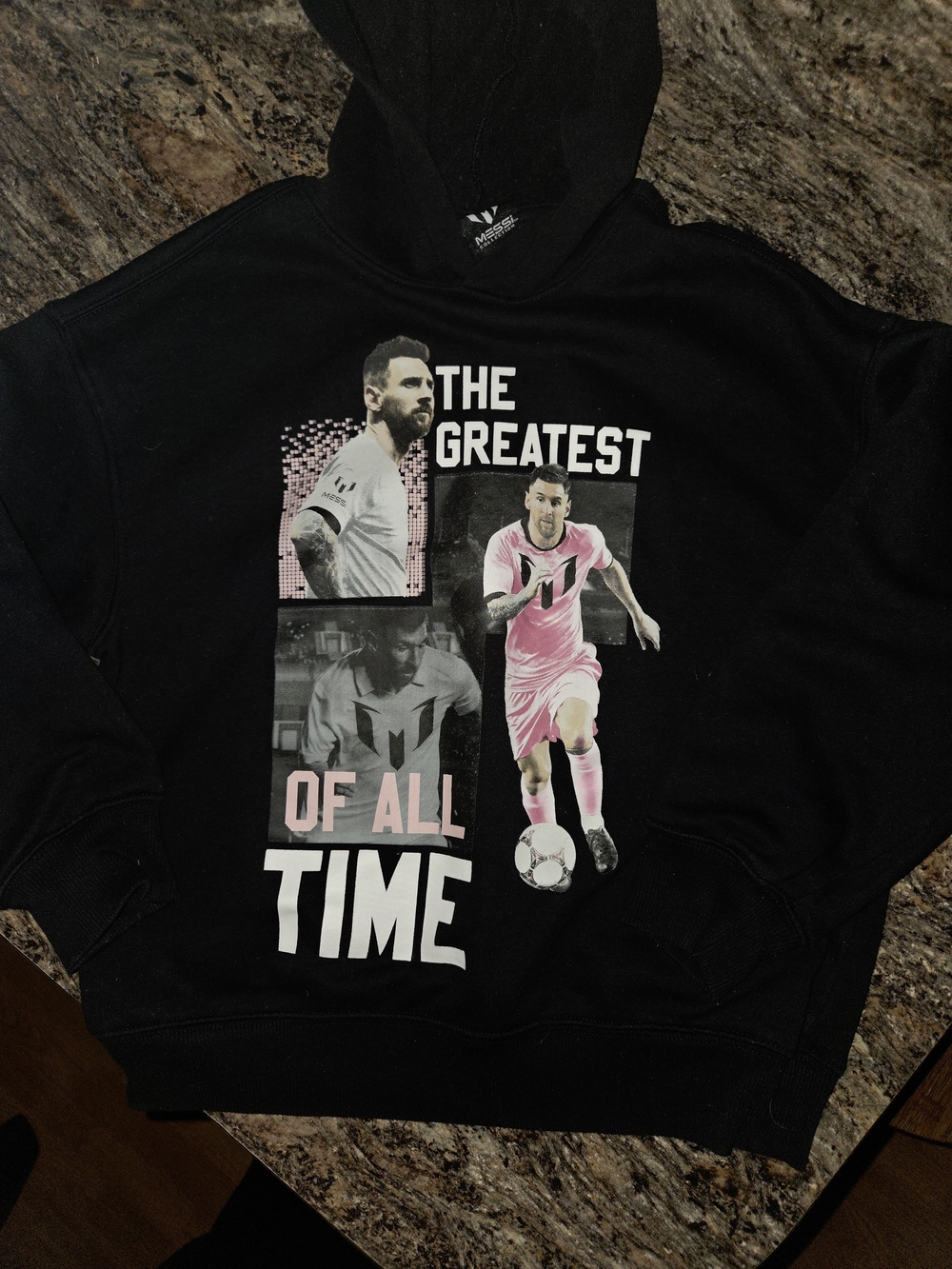 Unknown Brand Kids Black Pullover Hoodie with Pink & White Soccer Graphic